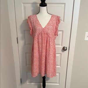 Red Floral V-Neck, Ruffled Short Sleeve Lined Dress